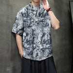Buddha Stones Summer Tang Style Frog Button Trees Abstract Pattern Men's Short Sleeve Shirts