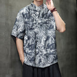 Buddha Stones Summer Tang Style Frog Button Trees Abstract Pattern Men's Short Sleeve Shirts