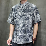 Buddha Stones Summer Tang Style Frog Button Trees Abstract Pattern Men's Short Sleeve Shirts