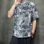 Buddha Stones Summer Tang Style Frog Button Trees Abstract Pattern Men's Short Sleeve Shirts