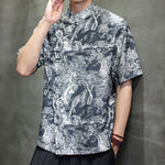 Buddha Stones Summer Tang Style Frog Button Trees Abstract Pattern Men's Short Sleeve Shirts