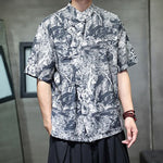 Buddha Stones Summer Tang Style Frog Button Trees Abstract Pattern Men's Short Sleeve Shirts