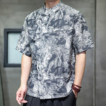 Buddha Stones Summer Tang Style Frog Button Trees Abstract Pattern Men's Short Sleeve Shirts