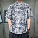 Buddha Stones Summer Tang Style Frog Button Trees Abstract Pattern Men's Short Sleeve Shirts