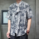 Buddha Stones Summer Tang Style Frog Button Trees Abstract Pattern Men's Short Sleeve Shirts