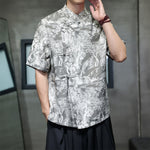 Buddha Stones Summer Tang Style Frog Button Trees Abstract Pattern Men's Short Sleeve Shirts