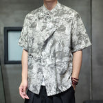Buddha Stones Summer Tang Style Frog Button Trees Abstract Pattern Men's Short Sleeve Shirts