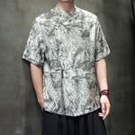 Buddha Stones Summer Tang Style Frog Button Trees Abstract Pattern Men's Short Sleeve Shirts