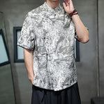 Buddha Stones Summer Tang Style Frog Button Trees Abstract Pattern Men's Short Sleeve Shirts
