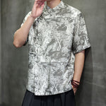 Buddha Stones Summer Tang Style Frog Button Trees Abstract Pattern Men's Short Sleeve Shirts