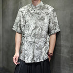 Buddha Stones Summer Tang Style Frog Button Trees Abstract Pattern Men's Short Sleeve Shirts