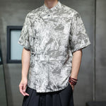 Buddha Stones Summer Tang Style Frog Button Trees Abstract Pattern Men's Short Sleeve Shirts