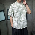 Buddha Stones Summer Tang Style Frog Button Trees Abstract Pattern Men's Short Sleeve Shirts