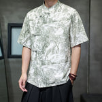 Buddha Stones Summer Tang Style Frog Button Trees Abstract Pattern Men's Short Sleeve Shirts