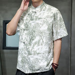 Buddha Stones Summer Tang Style Frog Button Trees Abstract Pattern Men's Short Sleeve Shirts