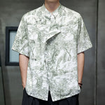 Buddha Stones Summer Tang Style Frog Button Trees Abstract Pattern Men's Short Sleeve Shirts