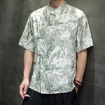 Buddha Stones Summer Tang Style Frog Button Trees Abstract Pattern Men's Short Sleeve Shirts