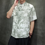 Buddha Stones Summer Tang Style Frog Button Trees Abstract Pattern Men's Short Sleeve Shirts