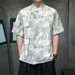Buddha Stones Summer Tang Style Frog Button Trees Abstract Pattern Men's Short Sleeve Shirts
