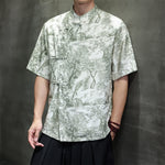Buddha Stones Summer Tang Style Frog Button Trees Abstract Pattern Men's Short Sleeve Shirts