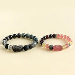 Buddha Stones Strawberry Quartz And Silver Sheen Obsidian Pixiu Love Hand Carved Couples Bracelet