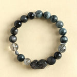 Buddha Stones Strawberry Quartz And Silver Sheen Obsidian Pixiu Love Hand Carved Couples Bracelet