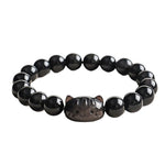Buddha Stones Silver Sheen Obsidian Hand Carved Cat Pendant Calmness Handmade Bracelet