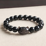 Buddha Stones Silver Sheen Obsidian Hand Carved Cat Pendant Calmness Handmade Bracelet