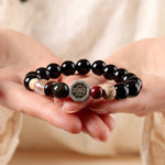 Buddha Stones Black Obsidian Bagua Protection Tibetan Round Bead Bracelet