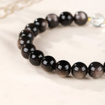 Buddha Stones Silver Sheen Obsidian Dzi Bead Protection Round Bracelet