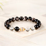 Buddha Stones Silver Sheen Obsidian Dzi Bead Protection Round Bracelet