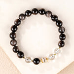 Buddha Stones Silver Sheen Obsidian Dzi Bead Protection Round Bracelet