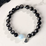Buddha Stones Silver Sheen Obsidian Aquamarine Grounding Lucky Gourd Round Bracelet