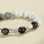 Buddha Stones 999 Sterling Silver White Turquoise And Silver Sheen Obsidian Bamboo Grounding Round Bracelet