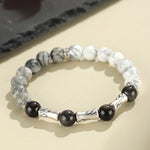 Buddha Stones 999 Sterling Silver White Turquoise And Silver Sheen Obsidian Bamboo Grounding Round Bracelet