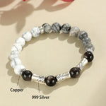 Buddha Stones 999 Sterling Silver White Turquoise And Silver Sheen Obsidian Bamboo Grounding Round Bracelet