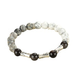 Buddha Stones 999 Sterling Silver White Turquoise And Silver Sheen Obsidian Bamboo Grounding Round Bracelet