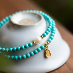 Buddha Stones Turquoise Pearl Gourd Pendant Double Wrap Protection Handmade Bracelet