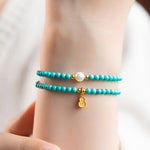 Buddha Stones Turquoise Pearl Gourd Pendant Double Wrap Protection Handmade Bracelet