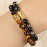 Buddha Stones Tiger Eye Silver Sheen Obsidian Prosperity Hand-Woven Double Wrap Bracelet