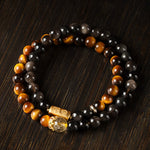 Buddha Stones Tiger Eye Silver Sheen Obsidian Prosperity Hand-Woven Double Wrap Bracelet