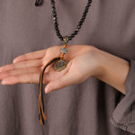Buddha Stones Silver Sheen Obsidian Garuda Protection Hand-Woven Bead Necklace
