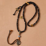 Buddha Stones Silver Sheen Obsidian Garuda Protection Hand-Woven Bead Necklace