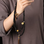 Buddha Stones Silver Sheen Obsidian Garuda Protection Hand-Woven Bead Necklace