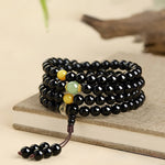 Buddha Stones Black Obsidian Chinese Zodiac Protection Hand Polished 108 Bead Tassel Mala