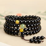 Buddha Stones Black Obsidian Chinese Zodiac Protection Hand Polished 108 Bead Tassel Mala