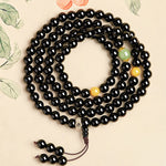 Buddha Stones Black Obsidian Chinese Zodiac Protection Hand Polished 108 Bead Tassel Mala