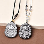 Buddha Stones Black Obsidian Nine-Tail Fox Protection Hand Carved Necklace