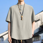 Buddha Stones Summer Casual Mandarin Collar Three Buttons Solid Men's Short Sleeve Shirts