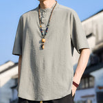 Buddha Stones Summer Casual Mandarin Collar Three Buttons Solid Men's Short Sleeve Shirts